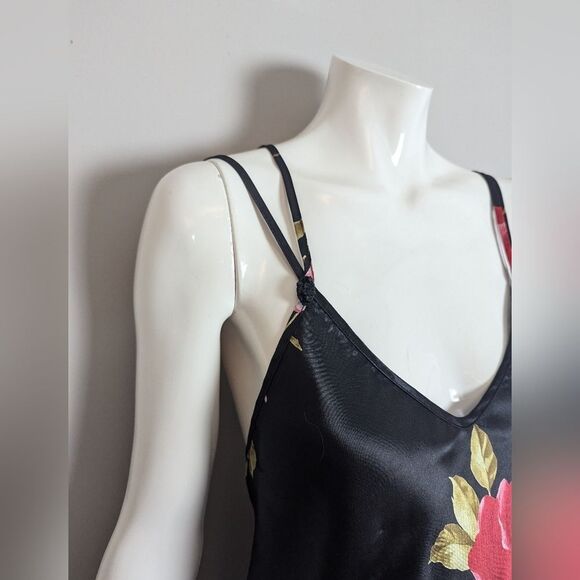 Vintage La Vie en Rose Black Floral Satin Slip Dress – Crisscross Back – SzLarge - Picture 8 of 12